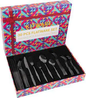 Black Silverware Set, 30 Pieces Stainless Steel Flatware for 6, Family Essential Utensil Tableware, Mirror Polished Cutlery for Home Kitchen, Hotel, Restaurant