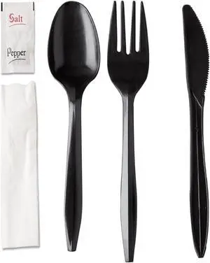 150 Plastic Cutlery Packets - Knife Fork Spoon Napkin Salt Pepper Sets | Black Plastic Silverware Sets Individually Wrapped Cutlery Kits, Bulk Plastic Utensil Cutlery Set Disposable To Go Silverware