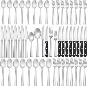 LIANYU 72-Piece Matte Silverware Set with Steak Knives, Stainless Steel Flatware Cutlery Set for 12, Square Eating Utensils Tableware Include Forks Knives Spoons, Dishwasher Safe