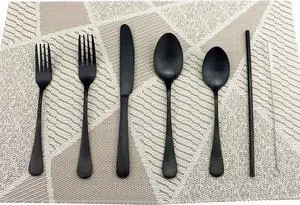 Gugrida 24 Pcs Luxury 18/10 Stainless Steel Flatware Set Matte Black Silverware Set Dinner Knife Fork Spoon w/Stainless Steel Reusable Drink Straws & Brush Pouch