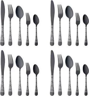 Christmas Gift Black Hammered Flatware Sets for 4, 20 Pieces Unique Pattern Design Stainless Steel Cutlery Silverware Set Includes Dinner Knives/Forks/Spoons, Mirror Polish and Dishwasher Safe