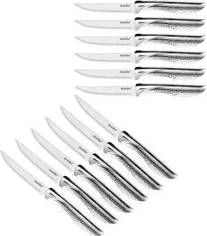 Serrated Steak Knives Set of 12, Stainless Steel Sharp Blade Flatware Steak Knife Set,4.5 In, Hammered Pattern Hollowed Handle,For Kitchen Restaurant Camping,Dishwasher Safe