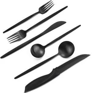 48 Pieces Matte Black Silverware Set with Steak Knives, Satin Finish tableware Cutlery Set, Home and Restaurant, Service for 8, Dishwasher Safe