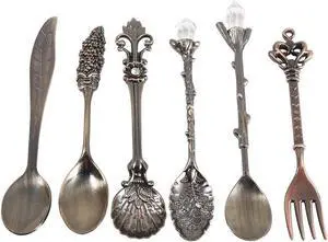 6Pcs/Set Flatware Vintage Spoon Dessert Coffee Mixing Spoon Teaspoon Ice Cream Spoon Fruit Fork Royal Metal Mini Carved Tableware Fruit Spoon for Kitchen Dining Sweet