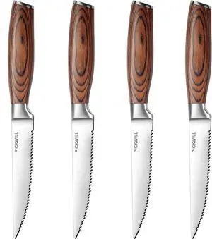 Steak Knives,Steak Knives Set of 4, Ergonomic Wood Handle, 4.5 Inch High Carbon Stainless Steel Serrated Steak Knives Set with Gift Box