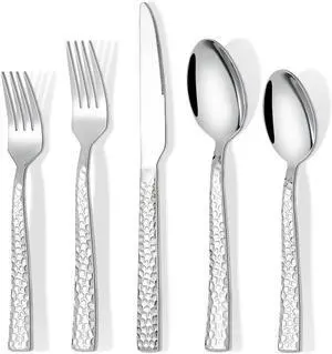 Silverware Set for 12, Amafox 60-Piece Stainless Steel Hammered Flatware Set, Food-Graded Kitchen Cutlery Utensil Set Include Knives Forks and Spoons, Mirror Finished Silverware Sets, Dishwasher Safe