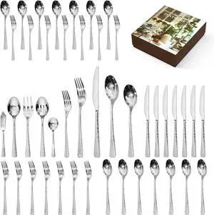 KINGSTONE Hammered Silverware Set, Flatware Set with Serving Utensils, 18/10 Stainless Steel Premium Cutlery with Unique Ripple Handles Design Mirror Polished - Dishwasher Safe (45-Piece)