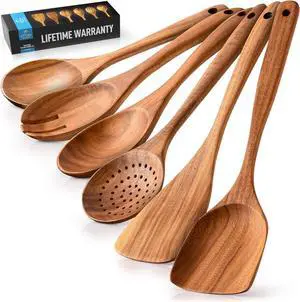 Zulay Kitchen 6-Piece Wooden Cooking Spoons Set  Heat-Resistant, Smooth Teak Utensils with Comfort Grip  Lightweight & Durable  Easy to Clean, Perfect for Non-Stick Cookware