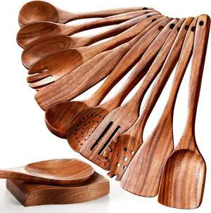 Wooden Spoons for Cooking, 12 Pcs Nonstick Wooden Cooking Utensils Set with Comfort Grip  100% Natural Teak Wood - Sturdy, Lightweight & Heat Resistant Kitchen Utensils