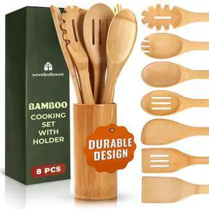 Bamboo Utensils 7 PCs with Holder  Bamboo Cooking Utensils Set + Holder for Nonstick  Wooden Spoon Sets for Cooking  Easy to Clean, Sturdy, Lightweight & Heat Resistant