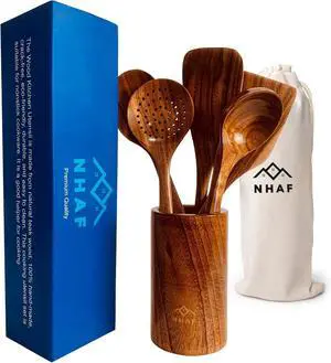 Premium Teak Healthy Spoons, Durable Eco-friendly Spatula, Wooden Utensils Set with Holder & Canvas Bag, Wooden Cooking Gifts for Mom