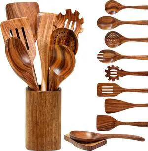 Wood Spoons for Cooking, Natural Teak Wooden Utensils Set, 10 Piece Handmade Wooden Utensil Set with Holder and Spoon, Durable Nonstick Kitchen Cookware Tool