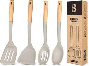 Silicone Cooking Utensils Set, Perfectly Angled for Frying, Mixing,Serving,Draining,Turning and Stirring, BPA-Free Matte Silicone, Wood Handles, Safe for Nonstick Cooking Surfaces,4 Pack (Khaki)