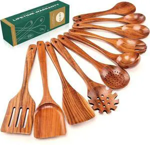 AIUHI Wooden Kitchen Utensils Set, No Scratch Wood Spatula and Spoon Set, Teak Wood Cooking Utensils Set for Kitchen Essential Tools 10 Pieces
