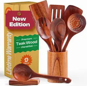 Riveira's 9-Piece Dark Brown Kitchen Essentials Wooden Cooking Utensils Set - Complete Kitchen Utensils Set for Gourmet Results