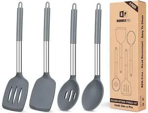 Pack of 4 Silicone Cooking Utensils Set, Non Stick Large Solid Spatulas, Heat Resistant Gray Slotted Spoons, Ideal BPA Free Kitchen Turners for Frying, Mixing,Serving,Draining,Turning,Stirring