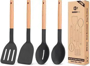 Pack of 4 Silicone Cooking Utensils Set, Non Stick Solid Spatulas and Heat Resistant Slotted Spoons with Wooden Handle, Ideal Wood Kitchen Utensils Set for Frying,Serving,Turning,Stirring (BLACK)