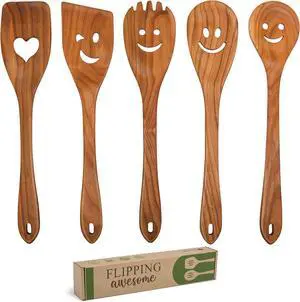MFC 5-Piece Wooden Cooking Spoons - Kitchen Spatula Set from Natural Cherry Wood - Wooden Spoons for Cooking - Funny Utensil Set with Smiley Faces - Cooking Multipurpose Wood Utensils