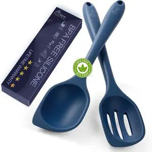 HOTEC 446°F Heat Resistant Silicone Cooking Spoon Spatula, BPA Free Large Kitchen Solid and Slotted Spoons for Mixing, Serving, Scraping, Non-stick, Dishwasher Safe Classic Blue 12.5inch