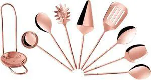 Copper Kitchen Utensils Set Large | 9 Pcs Stainless Steel Cooking Utensil Set With Rose Gold Plating | Forged Spatula, Ladle, Salad & Cake Servers with Spoon Rest | Dishwasher Safe