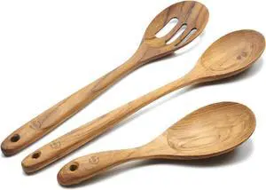 FAAY 3-In-1 Wooden Spoons Handcrafted Golden Teak Kitchen Utensils Including 13.5 Inch Cooking Spoon, Slotted Spoon and 9 Inch Versatile Spoon, 100% Natural & Eco Friendly with Ergonomic Handle