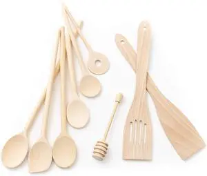 tuuli Kitchen - 9-Piece Wooden Cooking Utensils Set, Specially Designed Solid Beechwood Wooden Spoons, Wood Spatula and Honey Dipper, Durable Wooden Utensils for Everyday Use