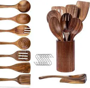 Teak Wood Cooking Utensils Set - 9-Piece Nonstick Safe Kitchen Utensils with Holder, Spoon Rest & 6 Metal Hooks, Natural Wooden Cookware for Nonstick Pans (Premium Durable Utensil Set