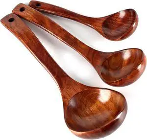 HANSGO Wooden Ladle for Soup, 3 Size Wooden Spoons for Cooking, Non-Stick Wood Kitchen Utensils for Stirring Stewing and Serving