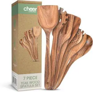 Cheer Collection Wooden Utensil Set - 7 Piece Cooking Utensils, Teak Wooden Spoons & Spatulas for Cooking, Heat Resistant, Non-Stick, and Safe Wooden Cooking Utensils