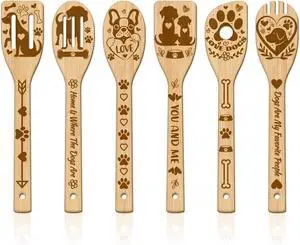 GLOBLELAND 6Pcs Dog Bamboo Cooking Utensils Wooden Pet Engraved Cooking Spoons Set Carving Kitchen Bamboo Spatula Set for Women and Men Wood Cooking Spoon for Kitchen Fun House Warming Gift