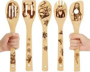 Nightmare Before Christmas Gifts - 5 Pcs Wooden Spoons for Cooking,Halloween Kitchen Utensils Set,Cooking Utensils set for Halloween Decor