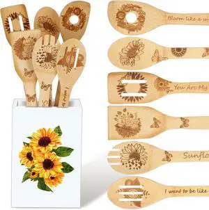 7 Pcs Sunflower Kitchen Utensils Set Bamboo Spoons for Cooking with Utensils Holder Sunflower Kitchen Decor Cute Utensil Caddy Farmhouse Kitchen Counter Decor for Countertop