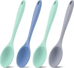 Shappy 4 Pieces Silicone Mixing Spoon Spatula Scrapers for Cooking, 10.6 Inch Heat Resistant Large Non Stick Basting Utensil for Mixing, Baking, Serving and Stirring(Spoon,Fresh Color)