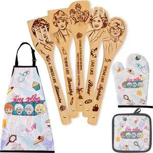 Golden Gifts for Women,Kitchen Utensils Set,Golden Wooden Cooking Spoons with Apron Oven Mitt Potholder for Fans,Great Birthday Wedding and Housewarming Christmas 8pcs