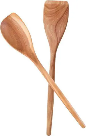 2PCS Acacia Wooden Spoons For Cooking-14 Inch Smooth Finish Cooking Spoons-Comfortable Grip Wood Spoons for Cooking - Non-Stick Cooking Utensils (Corner spoon + Cooking Spatula)