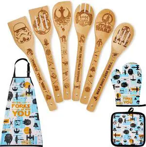 Star Gifts for Women,Home Decor,Kitchen Utensils Set,Wooden Cooking Spoons with Apron Oven Mitt Potholder for Fans,Best Birthday Wedding and Housewarming Christmas Presents 9 pcs