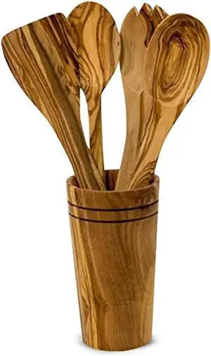 Olive Wood 5-Piece Wooden Cooking Utensil Set - Includes holder with spatula, cooking/mixing spoon, salad spoon and fork - Handcrafted in Tunisia - Unique patterns and color variations