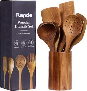 Wooden Cooking Utensils Set, 8-Piece Acacia Wood, Rustic, Non-Scratch, Heat Resistant, Natural Color, Plastic Free, Kitchen Utensils Set