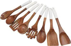 Wooden utensils for cooking set of 8, Natural Acacia Wood spoons and spatula set, Non-stick, Durable, Eco- friendly and safe kitchen cooking spoon | white handles | 12 inch each