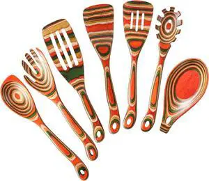 Kitchen Utensils Set for Cooking, NAYAHOSE 7 Pcs Pakkawood Wooden Cooking Spoons & Spatulas with Spoon Rest, Safe for Non-Stick Cookware, Housewarming Kitchen Souvenir (Colorful Spoon-7pcs)