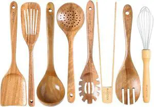 Wooden Spoons for Cooking,8 Pcs Teak Wooden Kitchen Utensils Set,Natural Acacia Wood Non-stick Spatula Cooking Spoons,Lightweight, Convenient, Easy to Wash Cooking Utensil set Wood Whisk