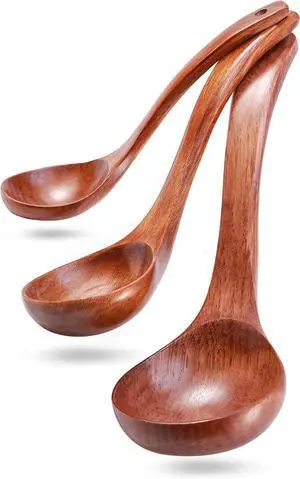 Wooden Ladles Set of 3  Wood Ladles for Serving Soups and Stews, Includes 3oz, 2oz, 0.9oz  Soup Spoons and Large Kitchen Spoons for Cooking and Stirring