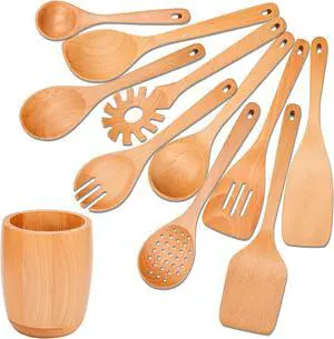 11 PCS WOSPONFAN Kitchen Utensils Set - Wooden Spoons for Cooking, Natural Beech Wood Wooden Utensils - Includes Wooden Spoons, Spatula Set, Slotted Spoon - Handmade Wooden Spoon Set