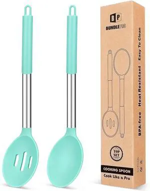Pack of 2 Large Silicone Cooking Spoons,Non Stick Solid Basting Spoon,Heat-Resistant Kitchen Utensils for Mixing,Serving,Draining,Stirring (GREEN)