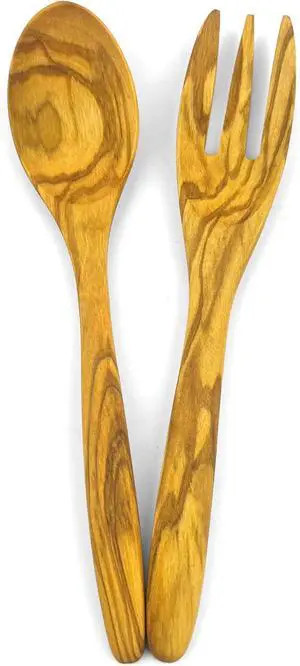 WONDERFUL 100% Natural Olive Wood Spoon Fork Set, 7 Inch Wooden Utensil Set for Eating, Reusable Handmade Wood Flatware, Safe & non-toxic Fork for Kids (Spoon & Fork)