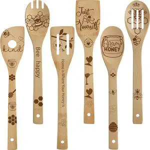 Sawysine 6 Pcs Bee Wooden Spoons Set Honey Themed Cooking Utensil Spoon Spatula Set Bee Kitchen Decor for Women Housewarming Wedding Grandma Kitchen Gifts
