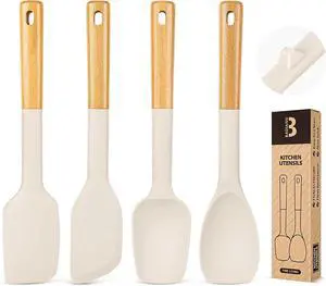 Silicone Spatula Spoon Set, Great for Mixing, Folding, Scraping, and Spreading, Sturdy BPA-Free Matte Silicone, Wooden Handle Rubber Spoonula for Nonstick Cookwares,4 Pack (KHAKI)
