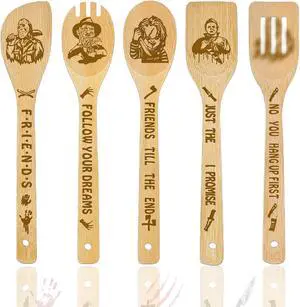 Horror Movie Merchandise Decor Halloween Gifts Wooden Spoons for Cooking, Natural Bamboo Kitchen Decorations Set 5 Pack for Women Man Birthday Fan Lover Gift Holiday Scary Party Accessory
