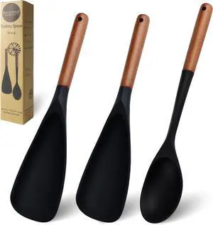 Finorder Cooking Spoons Spatulas Kit: Pack of 3 Wood Handle Spoon - Multifunctional Silicone Scrape Kitchen Utensils Set for Home Use/Nonstick/Cookware/Scoop - 2 Spatula 1 Deep