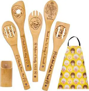 Golden Girls Kitchen Utensils Set - 5X Bamboo Spoons, 1X Spoons Holder, 1X Kitchen Apron